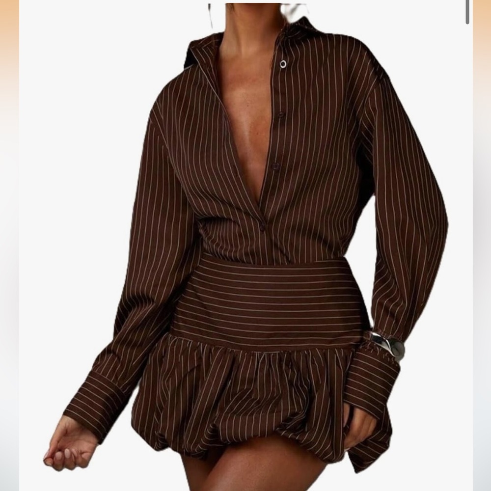 Brown Striped Long Sleeve 2 Piece Set